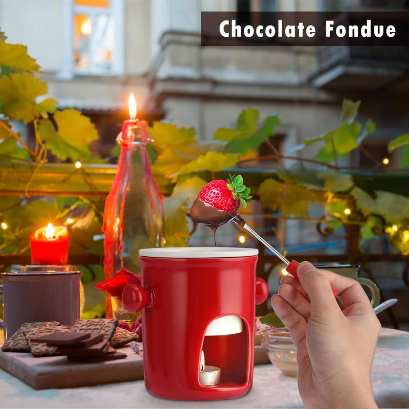 BSTKEY 280ML Ceramic Butter Warmer Set with 2 Forks, Fondue Pot Melting Pot Set, Melt Hot Pot Bowl Set for Cheese Chocolate Butter Caramel (Red) - Image 3